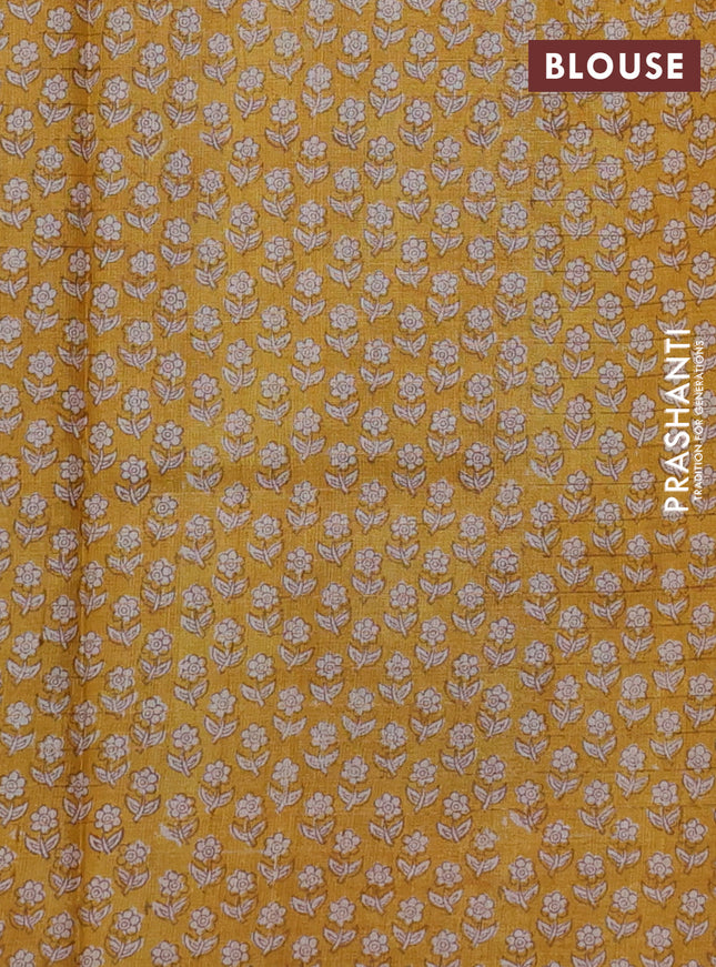 Pure tussar silk saree grey and mustard yellow with allover zari checked pattern and floral printed border