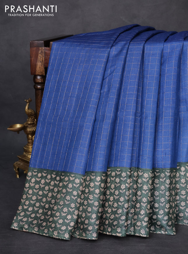 Pure tussar silk saree blue and dark green with allover zari checked pattern and floral printed border