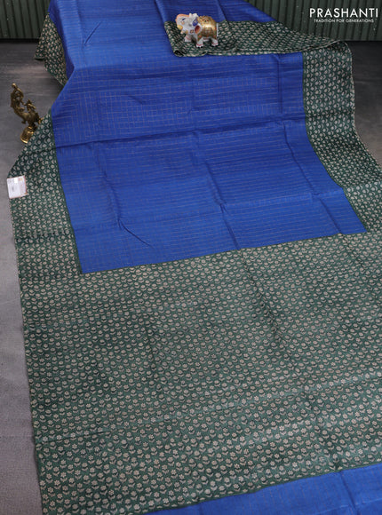 Pure tussar silk saree blue and dark green with allover zari checked pattern and floral printed border