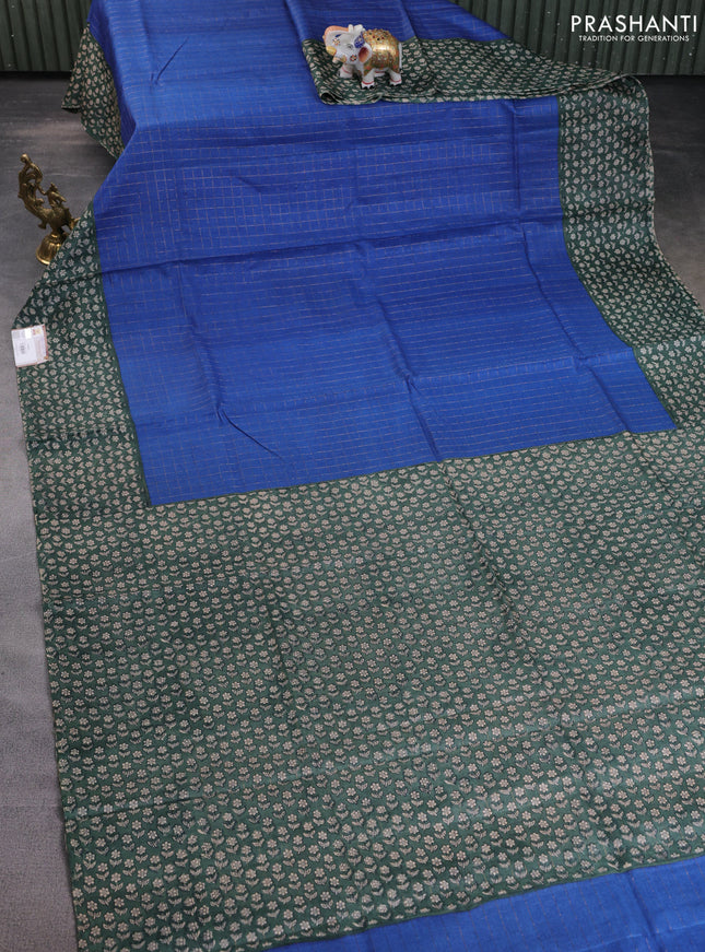 Pure tussar silk saree blue and dark green with allover zari checked pattern and floral printed border