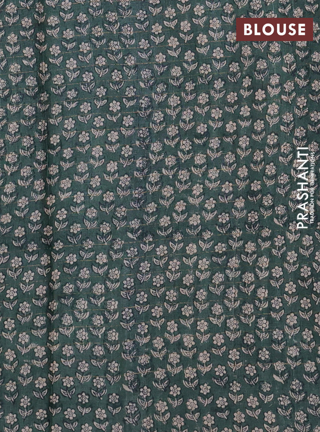 Pure tussar silk saree blue and dark green with allover zari checked pattern and floral printed border