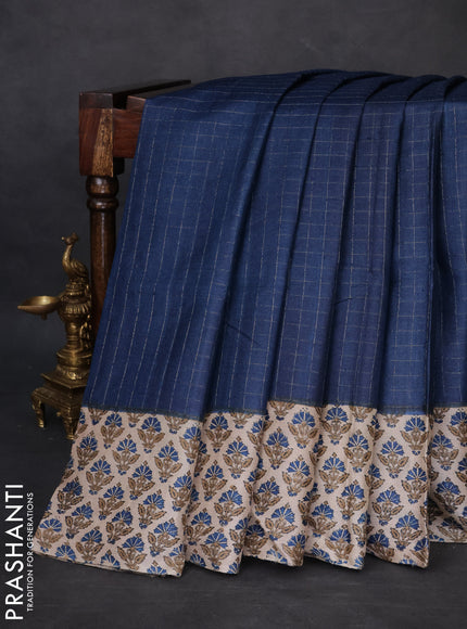 Pure tussar silk saree dark blue and beige with allover zari checked pattern and printed butta border