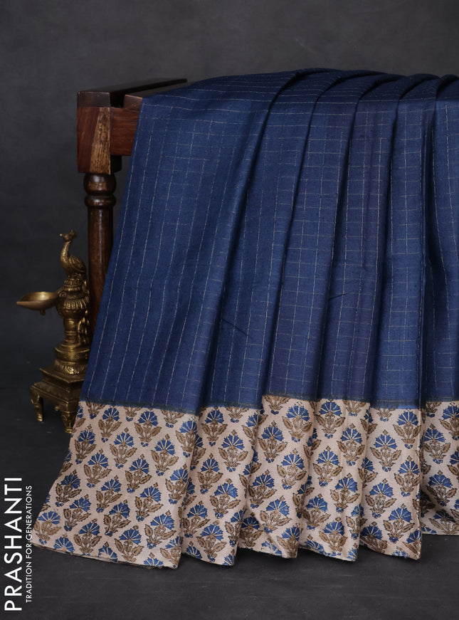Pure tussar silk saree dark blue and beige with allover zari checked pattern and printed butta border