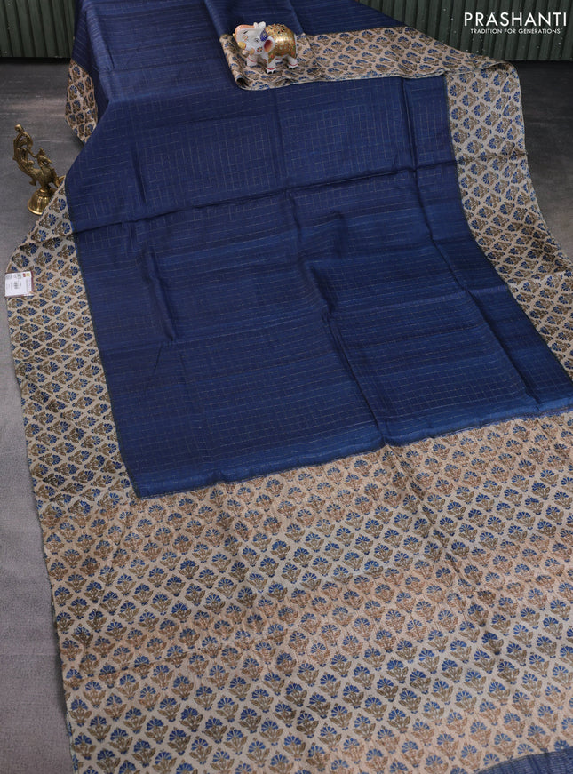 Pure tussar silk saree dark blue and beige with allover zari checked pattern and printed butta border