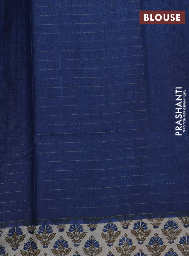 Pure tussar silk saree dark blue and beige with allover zari checked pattern and printed butta border