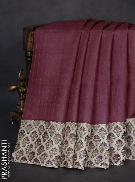 Pure tussar silk saree maroon and beige with allover zari checked pattern and printed butta border