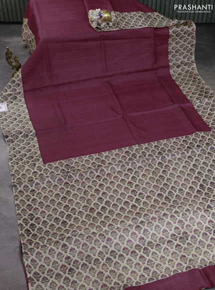 Pure tussar silk saree maroon and beige with allover zari checked pattern and printed butta border