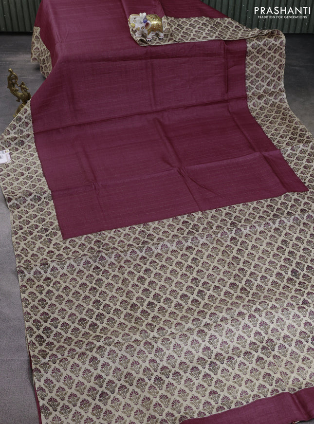 Pure tussar silk saree maroon and beige with allover zari checked pattern and printed butta border