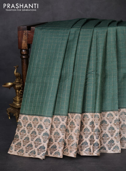 Pure tussar silk saree dark green and beige with allover zari checked pattern and printed butta border
