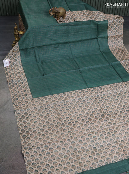 Pure tussar silk saree dark green and beige with allover zari checked pattern and printed butta border