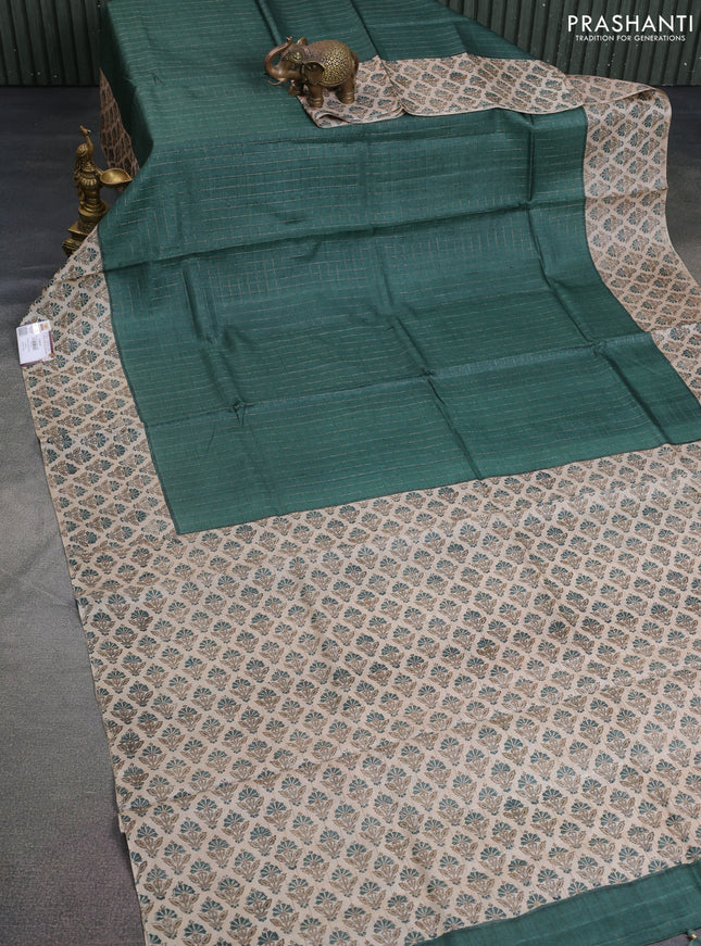 Pure tussar silk saree dark green and beige with allover zari checked pattern and printed butta border