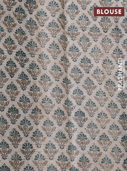 Pure tussar silk saree dark green and beige with allover zari checked pattern and printed butta border