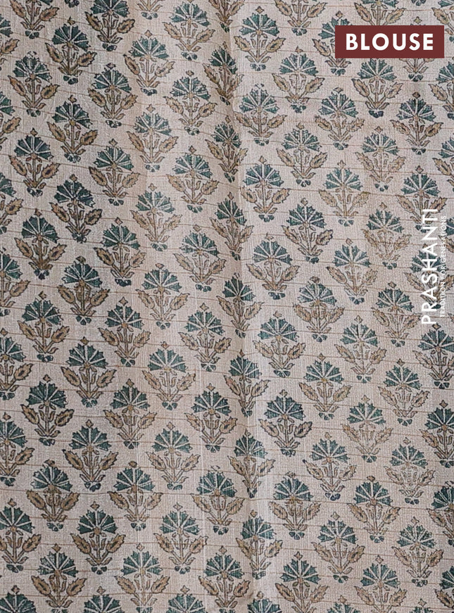 Pure tussar silk saree dark green and beige with allover zari checked pattern and printed butta border