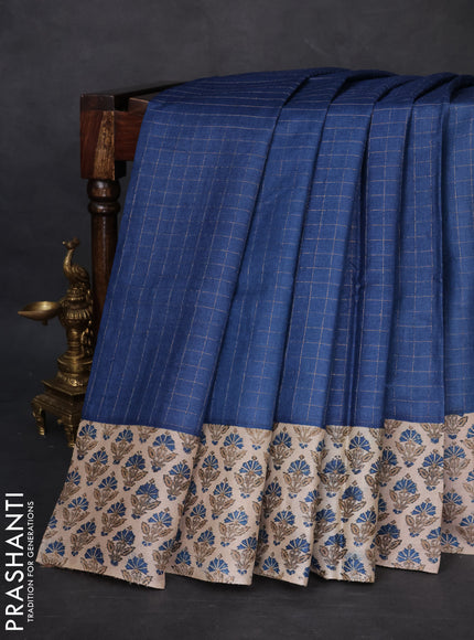 Pure tussar silk saree dark blue and beige with allover zari checked pattern and printed butta border