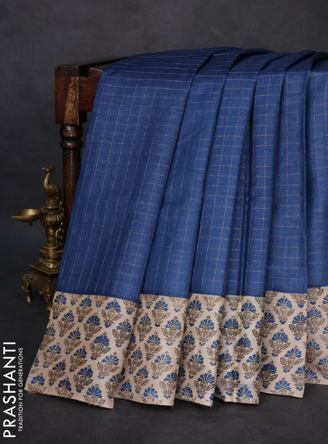 Pure tussar silk saree dark blue and beige with allover zari checked pattern and printed butta border