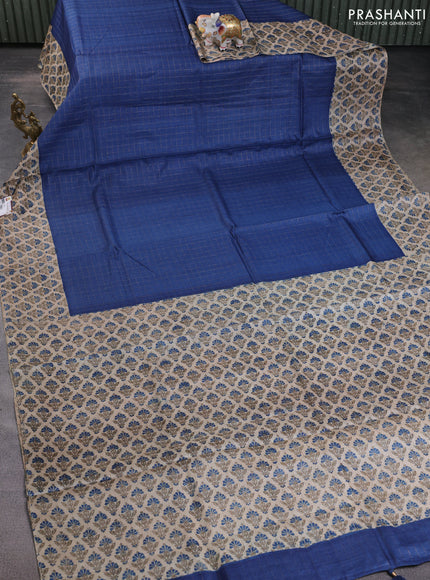 Pure tussar silk saree dark blue and beige with allover zari checked pattern and printed butta border