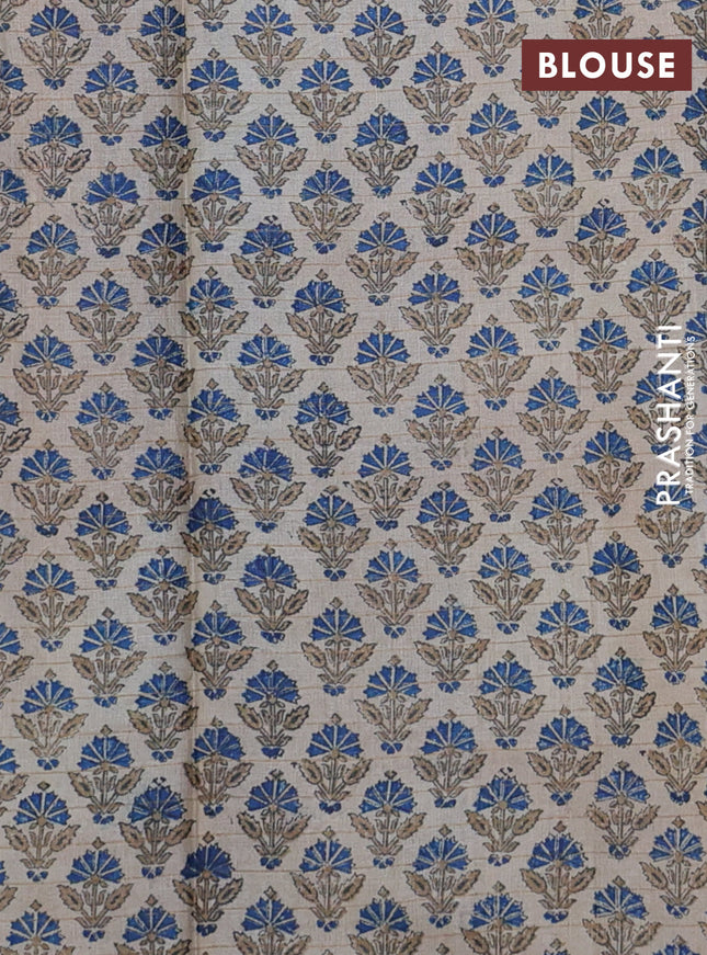 Pure tussar silk saree dark blue and beige with allover zari checked pattern and printed butta border