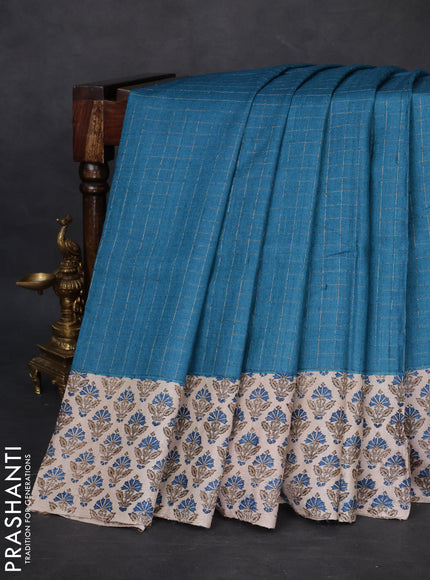 Pure tussar silk saree peacock blue and beige with allover zari checked pattern and printed butta border