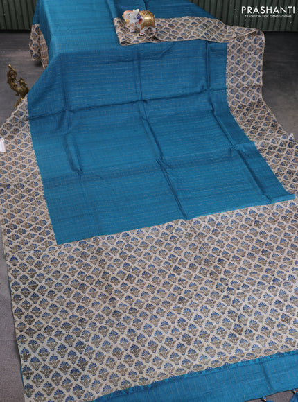 Pure tussar silk saree peacock blue and beige with allover zari checked pattern and printed butta border