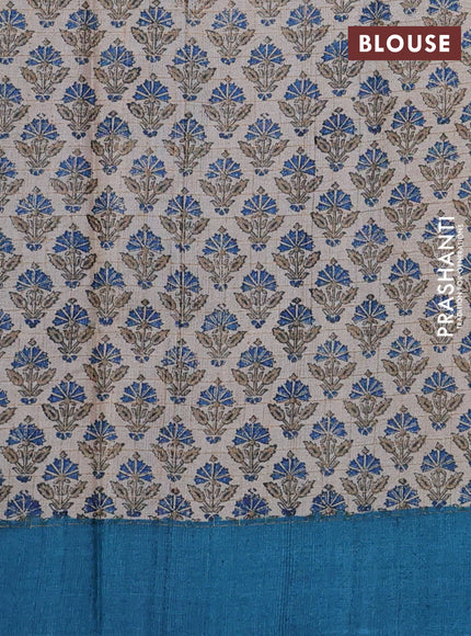 Pure tussar silk saree peacock blue and beige with allover zari checked pattern and printed butta border