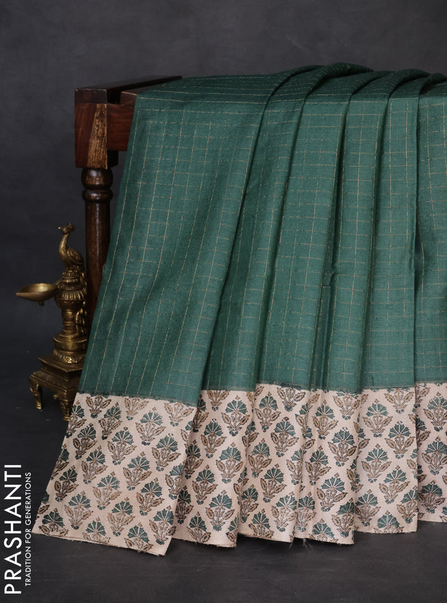 Pure tussar silk saree dark green and beige with allover zari checked pattern and printed butta border