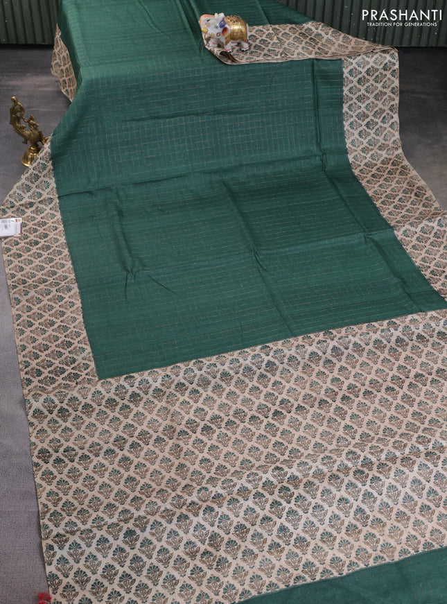 Pure tussar silk saree dark green and beige with allover zari checked pattern and printed butta border