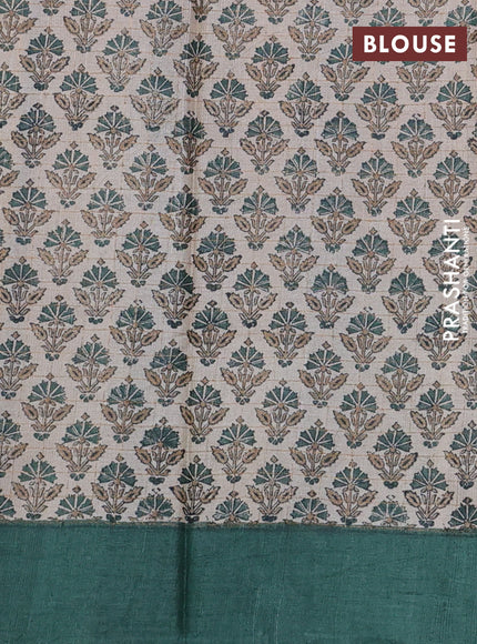 Pure tussar silk saree dark green and beige with allover zari checked pattern and printed butta border