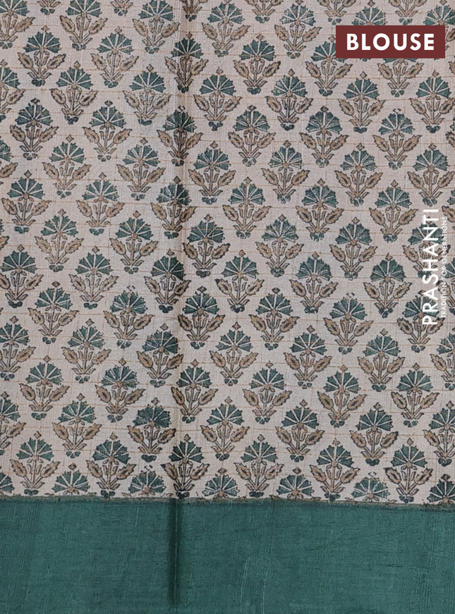 Pure tussar silk saree dark green and beige with allover zari checked pattern and printed butta border