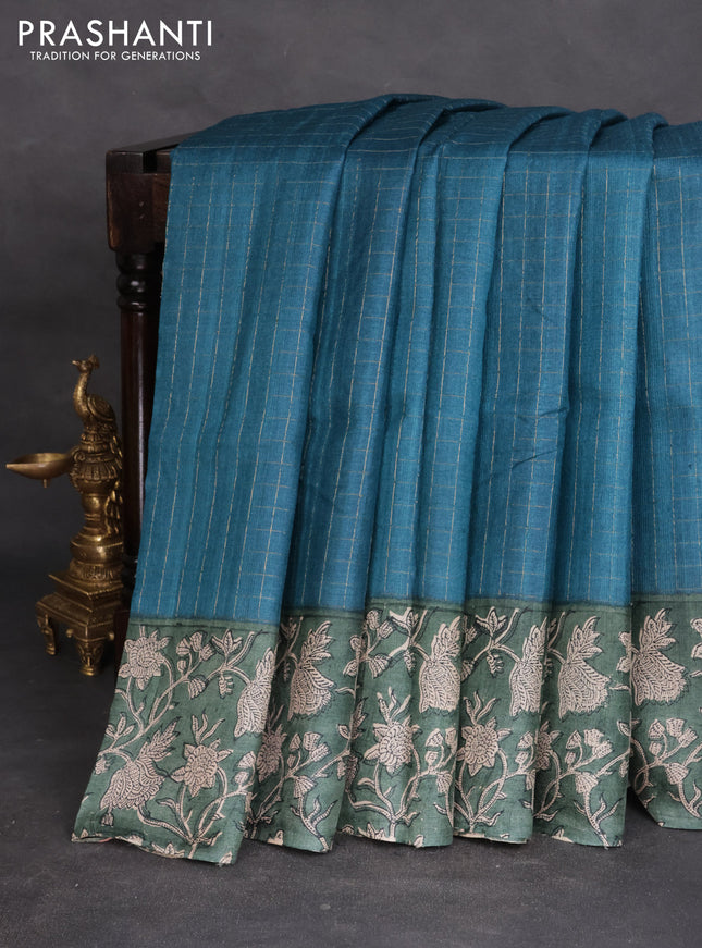 Pure tussar silk saree peacock blue and green shade with allover zari checked pattern and kalamkari printed border