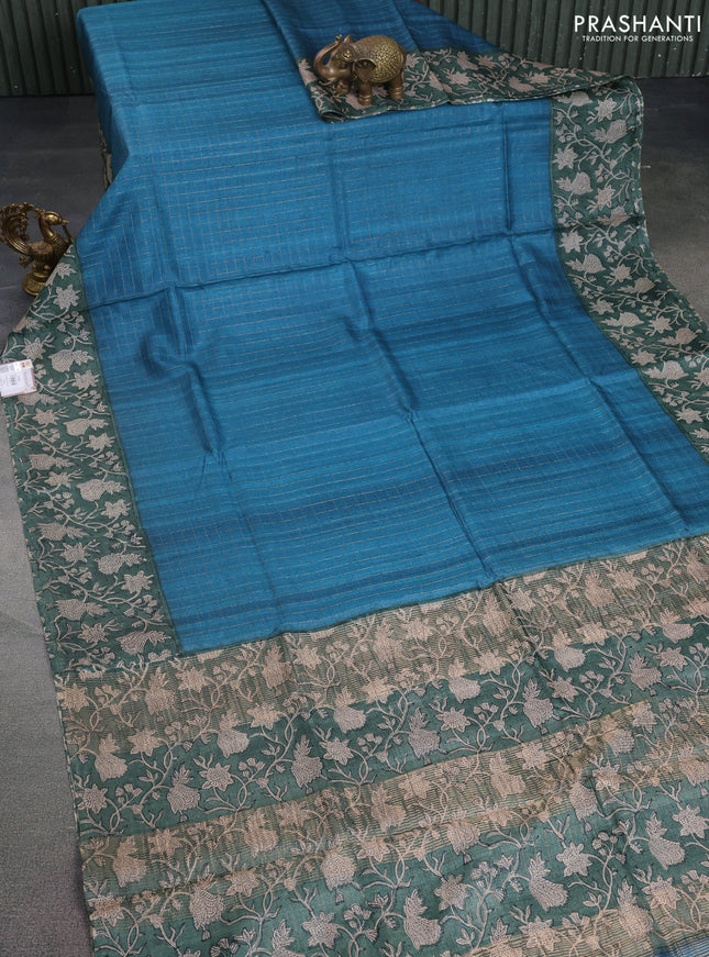 Pure tussar silk saree peacock blue and green shade with allover zari checked pattern and kalamkari printed border