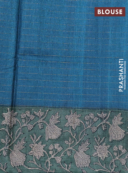 Pure tussar silk saree peacock blue and green shade with allover zari checked pattern and kalamkari printed border