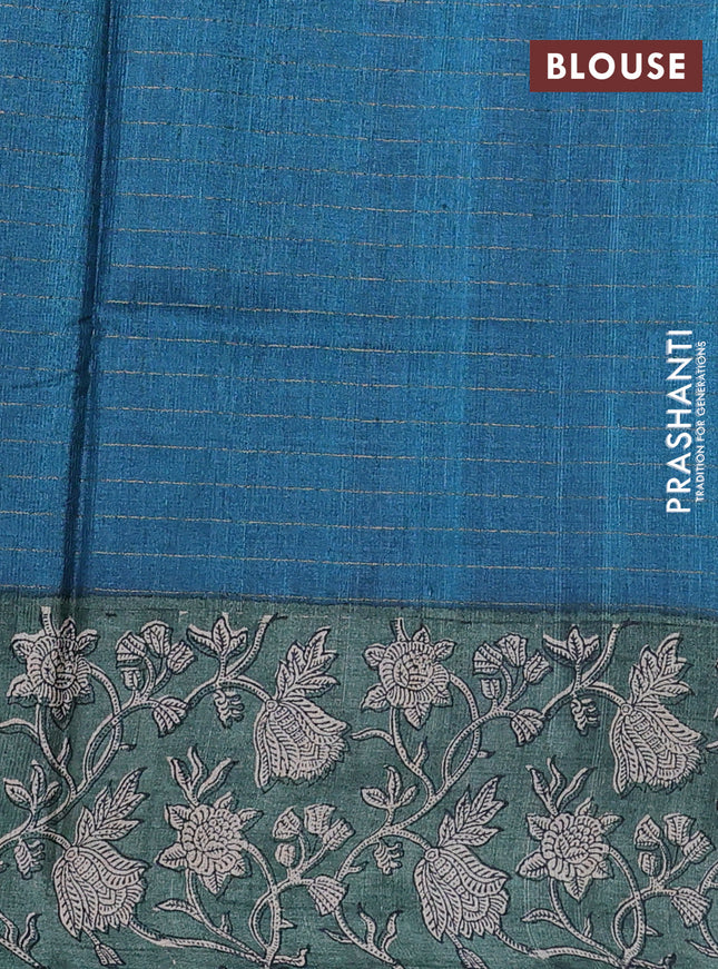 Pure tussar silk saree peacock blue and green shade with allover zari checked pattern and kalamkari printed border