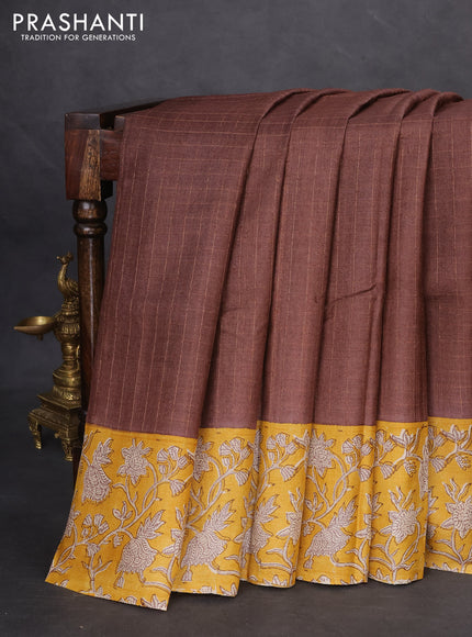 Pure tussar silk saree brown and yellow with allover zari checked pattern and kalamkari printed border