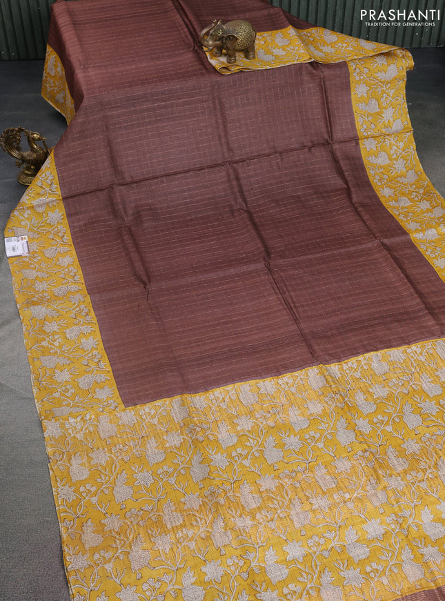 Pure tussar silk saree brown and yellow with allover zari checked pattern and kalamkari printed border