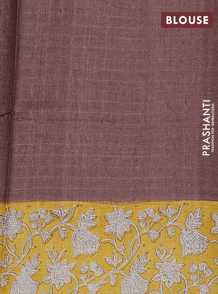 Pure tussar silk saree brown and yellow with allover zari checked pattern and kalamkari printed border