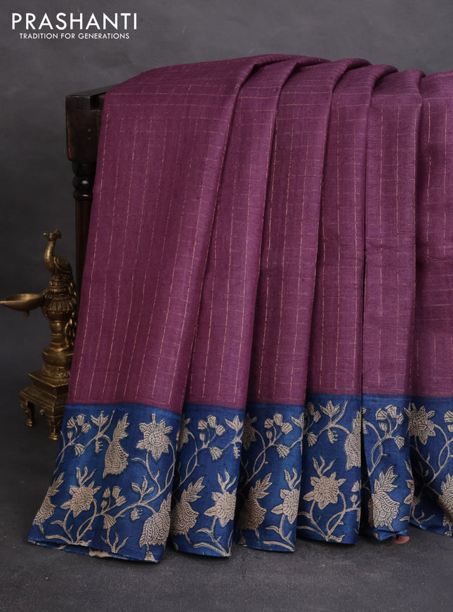 Pure tussar silk saree wine shade and blue with allover zari checked pattern and kalamkari printed border