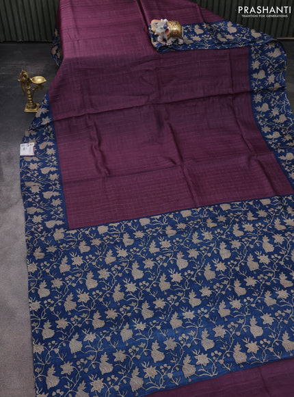 Pure tussar silk saree wine shade and blue with allover zari checked pattern and kalamkari printed border