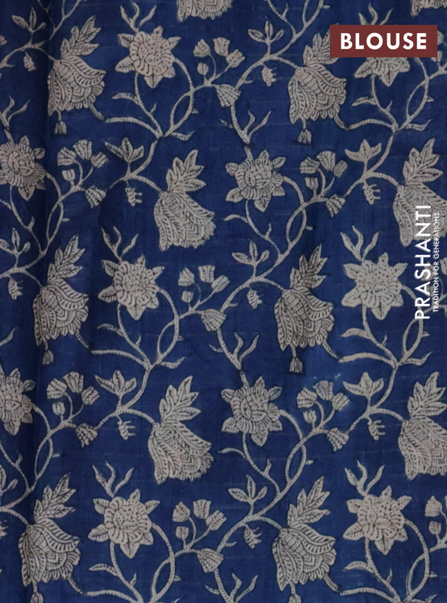 Pure tussar silk saree wine shade and blue with allover zari checked pattern and kalamkari printed border