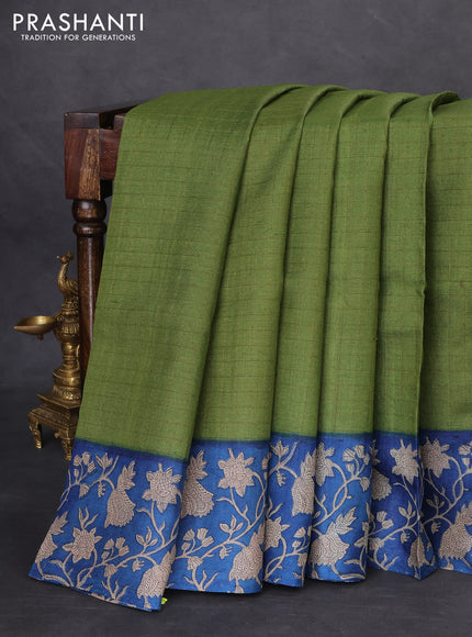 Pure tussar silk saree green and blue with allover zari checked pattern and kalamkari printed border