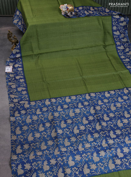 Pure tussar silk saree green and blue with allover zari checked pattern and kalamkari printed border