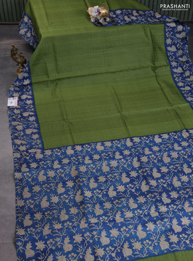 Pure tussar silk saree green and blue with allover zari checked pattern and kalamkari printed border