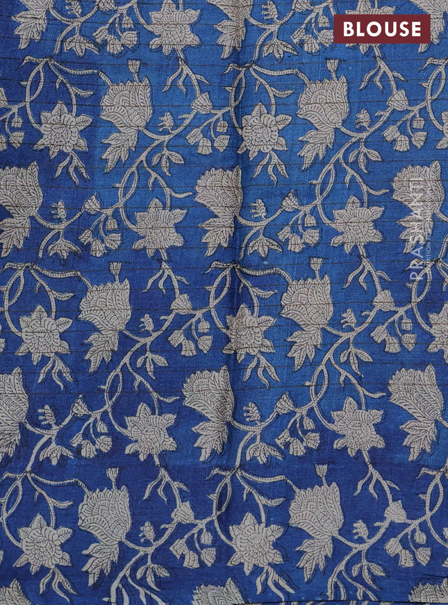 Pure tussar silk saree green and blue with allover zari checked pattern and kalamkari printed border