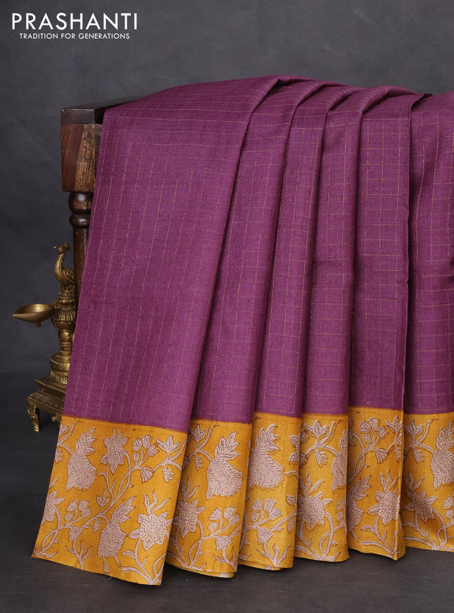 Pure tussar silk saree purple and yellow with allover zari checked pattern and kalamkari printed border