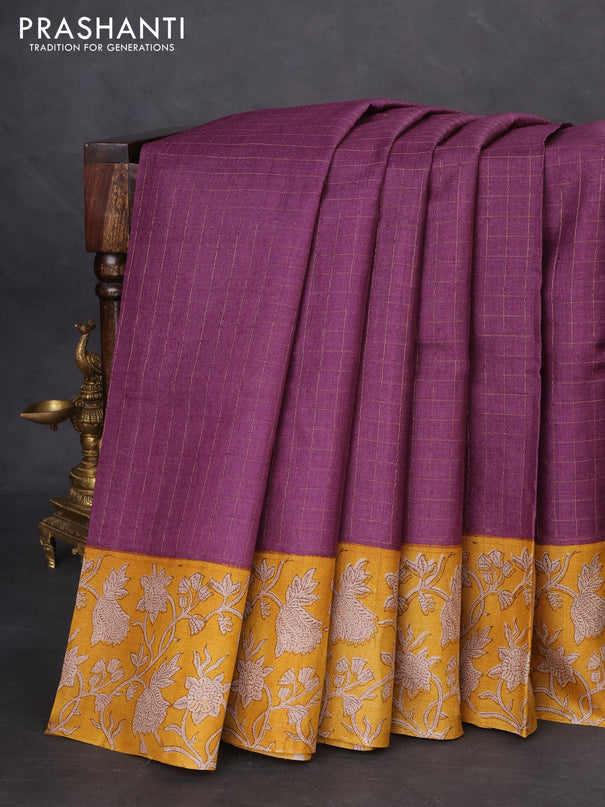 Pure tussar silk saree purple and yellow with allover zari checked pattern and kalamkari printed border