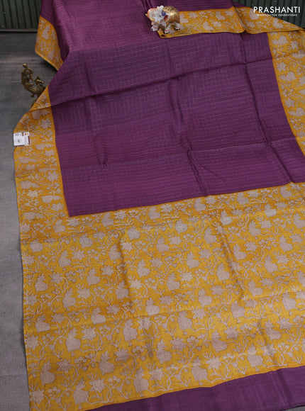 Pure tussar silk saree purple and yellow with allover zari checked pattern and kalamkari printed border