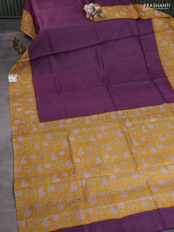 Pure tussar silk saree purple and yellow with allover zari checked pattern and kalamkari printed border