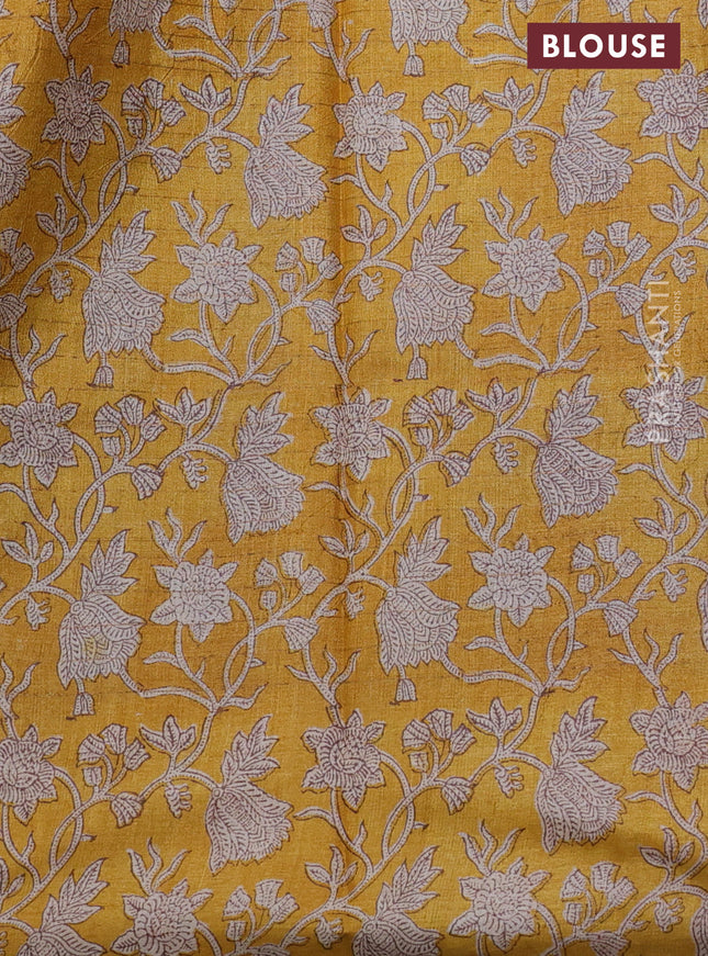 Pure tussar silk saree purple and yellow with allover zari checked pattern and kalamkari printed border