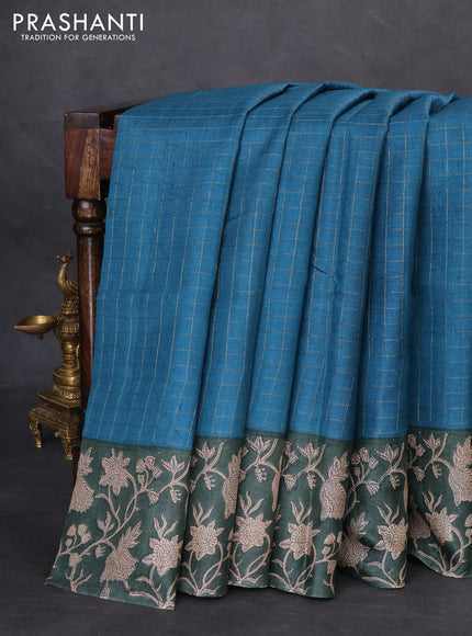 Pure tussar silk saree peacock blue and dark green with allover zari checked pattern and kalamkari printed border