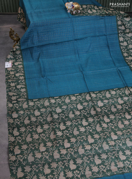 Pure tussar silk saree peacock blue and dark green with allover zari checked pattern and kalamkari printed border