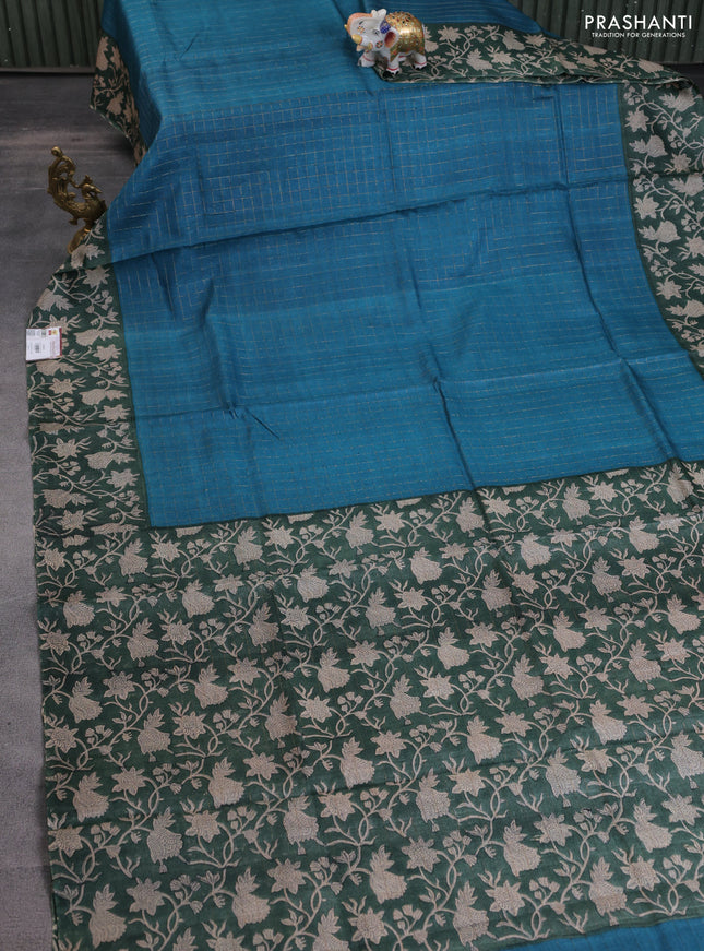 Pure tussar silk saree peacock blue and dark green with allover zari checked pattern and kalamkari printed border